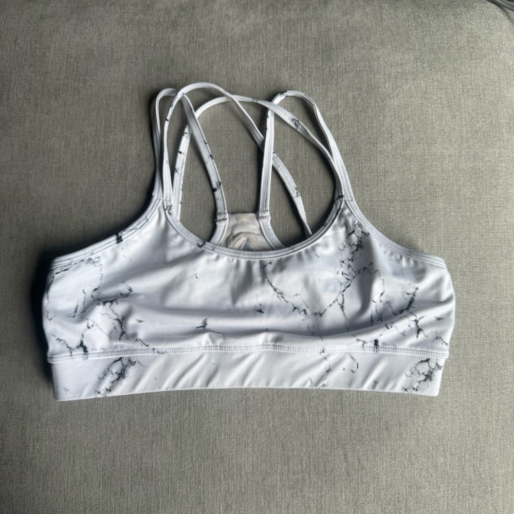 White Strappy Marble Print Sports Bra
